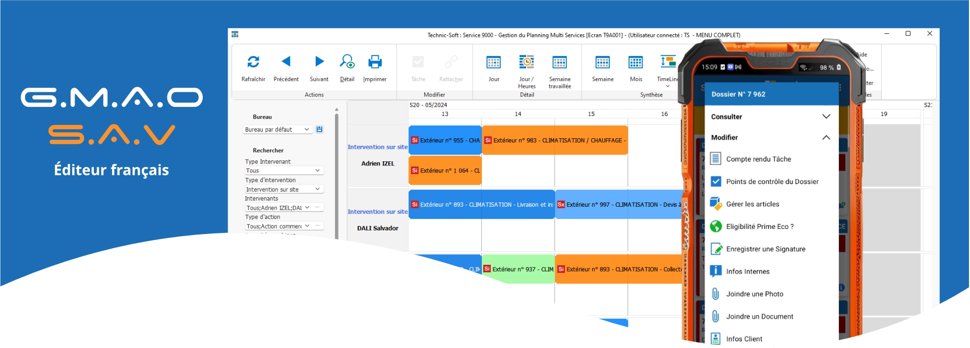 Interface utilisateur de Technic-Soft pour la GMAO et la gestion du SAV à partir d’un ordinateur ou d’un mobile